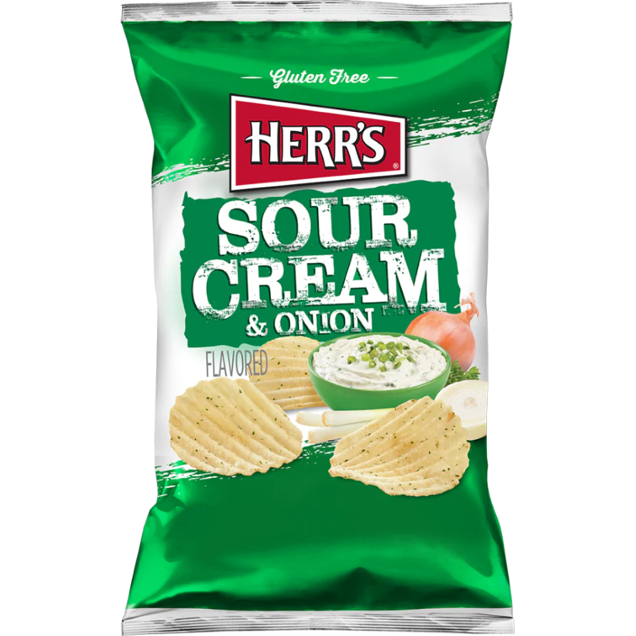 A green and white package of Herr's sour cream and onion flavored potato chips on a white background.
