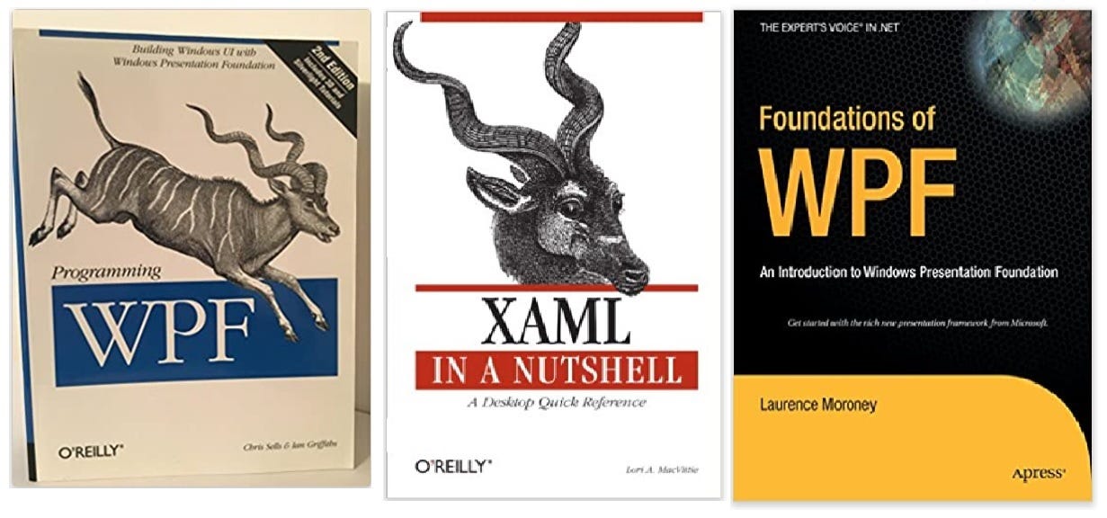 Three books: Programming WPF, XAML in a Nutshell, Foundations of WPF: An Introduction to Windows Presentation Foundation Three books: Programming WPF, XAML in a Nutshell, Foundations of WPF: An Introduction to Windows Presentation Foundation