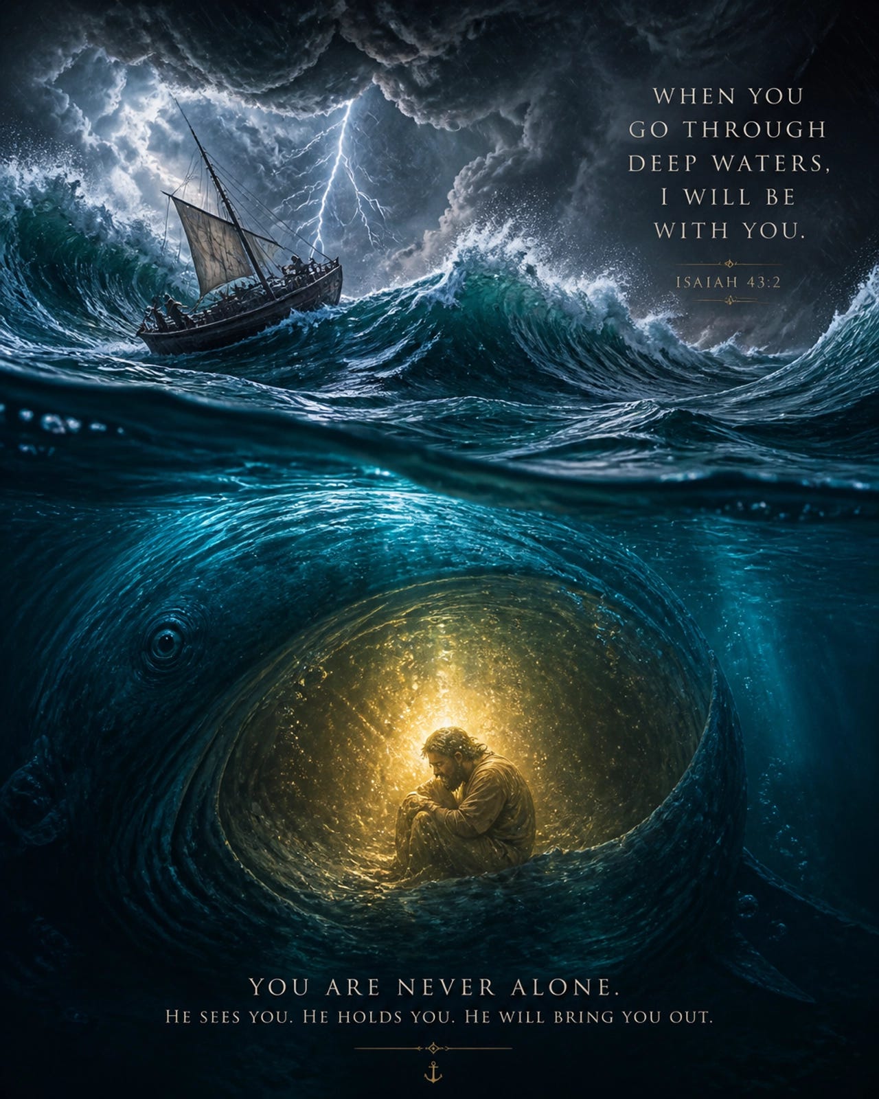 A person being safely held in the depths during a storm.