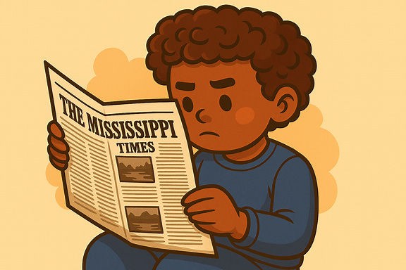 a young child sitting cross-legged on the floor, intently reading a newspaper from Mississippi, with soft morning light streaming through a nearby window and a cozy living room setting, in cartoon style
