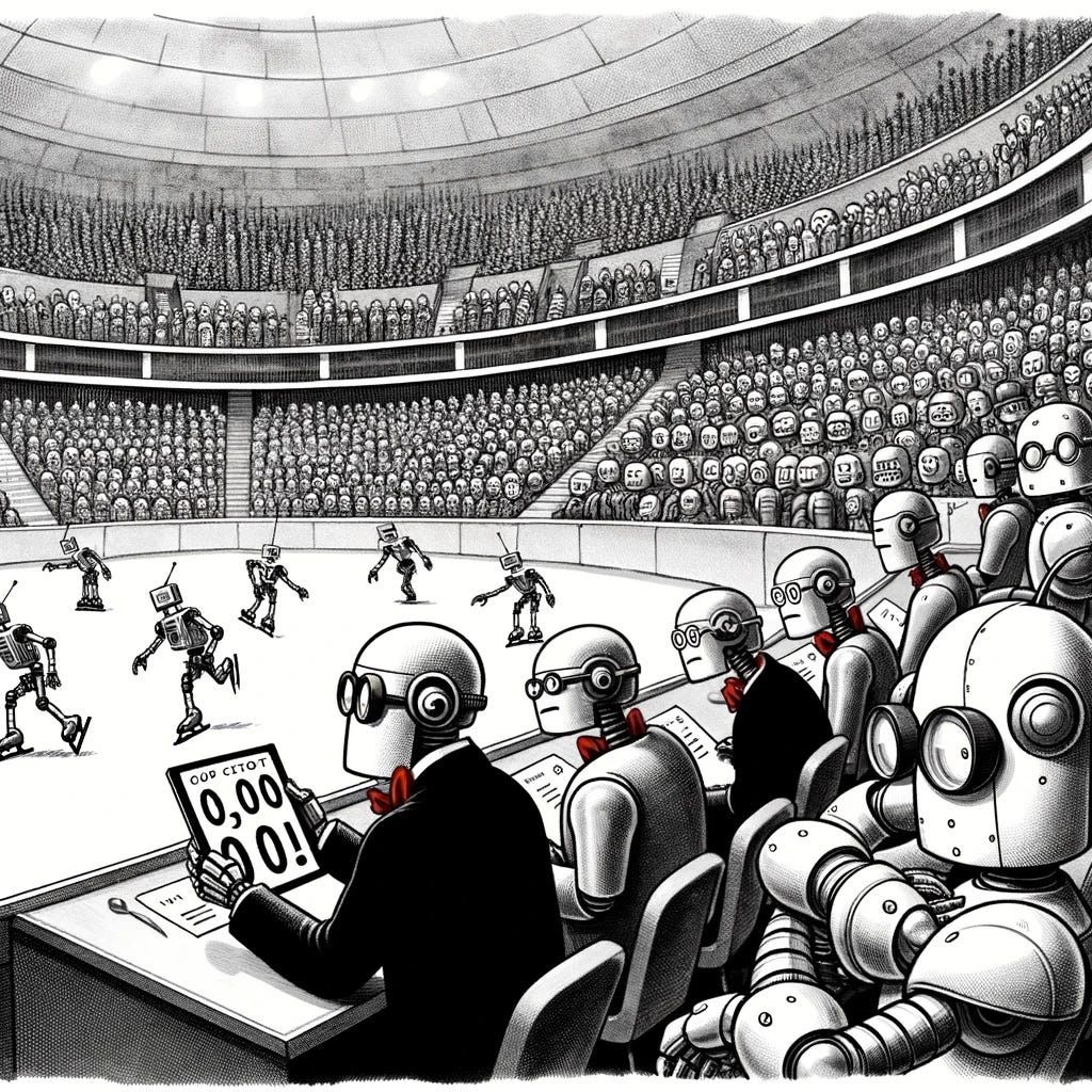 Robotic judges wearing bowties and round eyeglasses watch robotic iceskaters closely at the robotic olympics.