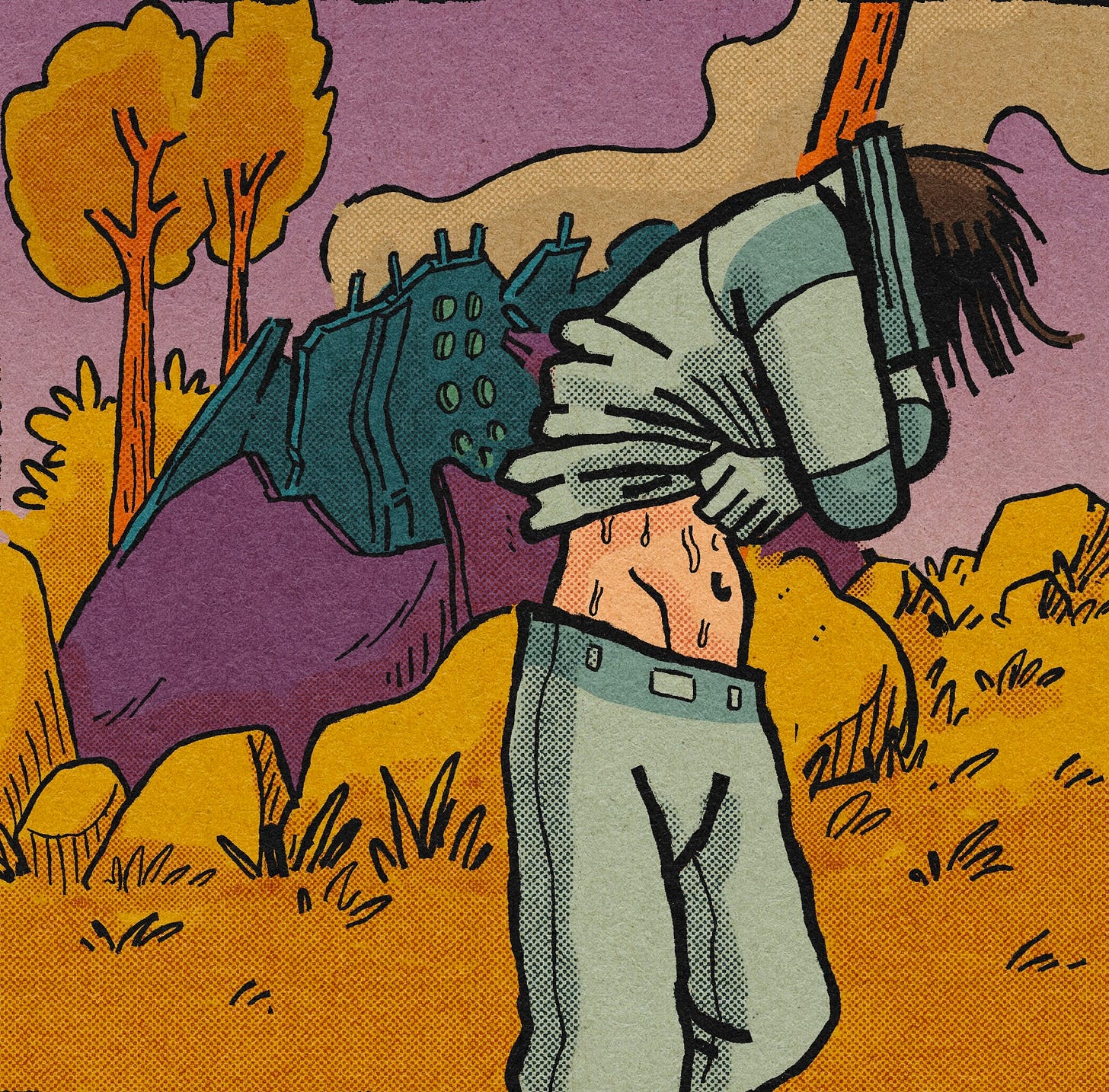Comic panel showing astronaut Nova removing the upper portion of her spacesuit in a colorful alien landscape with orange trees and strange structures, sweat running down her back as she struggles with the heavy gear. Comic panel showing astronaut Nova removing the upper portion of her spacesuit in a colorful alien landscape with orange trees and strange structures, sweat running down her back as she struggles with the heavy gear.