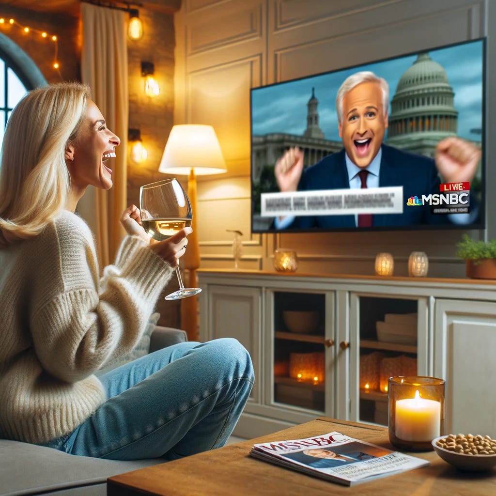 A white woman with blonde hair, sitting on a couch in a cozy living room, watching MSNBC on a flat-screen TV. She is holding a large glass of white wine and cheering at the screen with a joyful expression. The room has a modern yet comfortable decor with warm lighting, a coffee table with some magazines, and a soft throw blanket draped over the back of the couch.