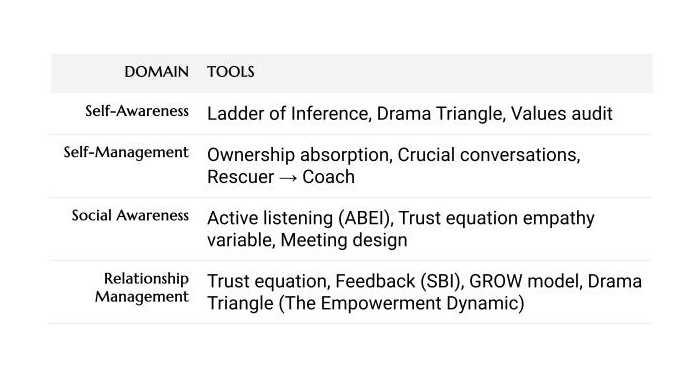 Tools and frameworks that support each EQ domain