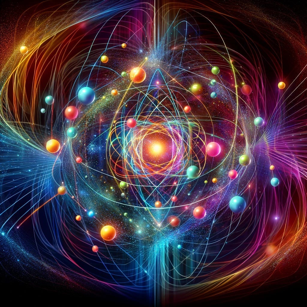 Colorful illustration showing abstract quantum particles interconnected by glowing lines, forming a dynamic and intricate pattern, representing quantum complexity. Colorful illustration showing abstract quantum particles interconnected by glowing lines, forming a dynamic and intricate pattern, representing quantum complexity.