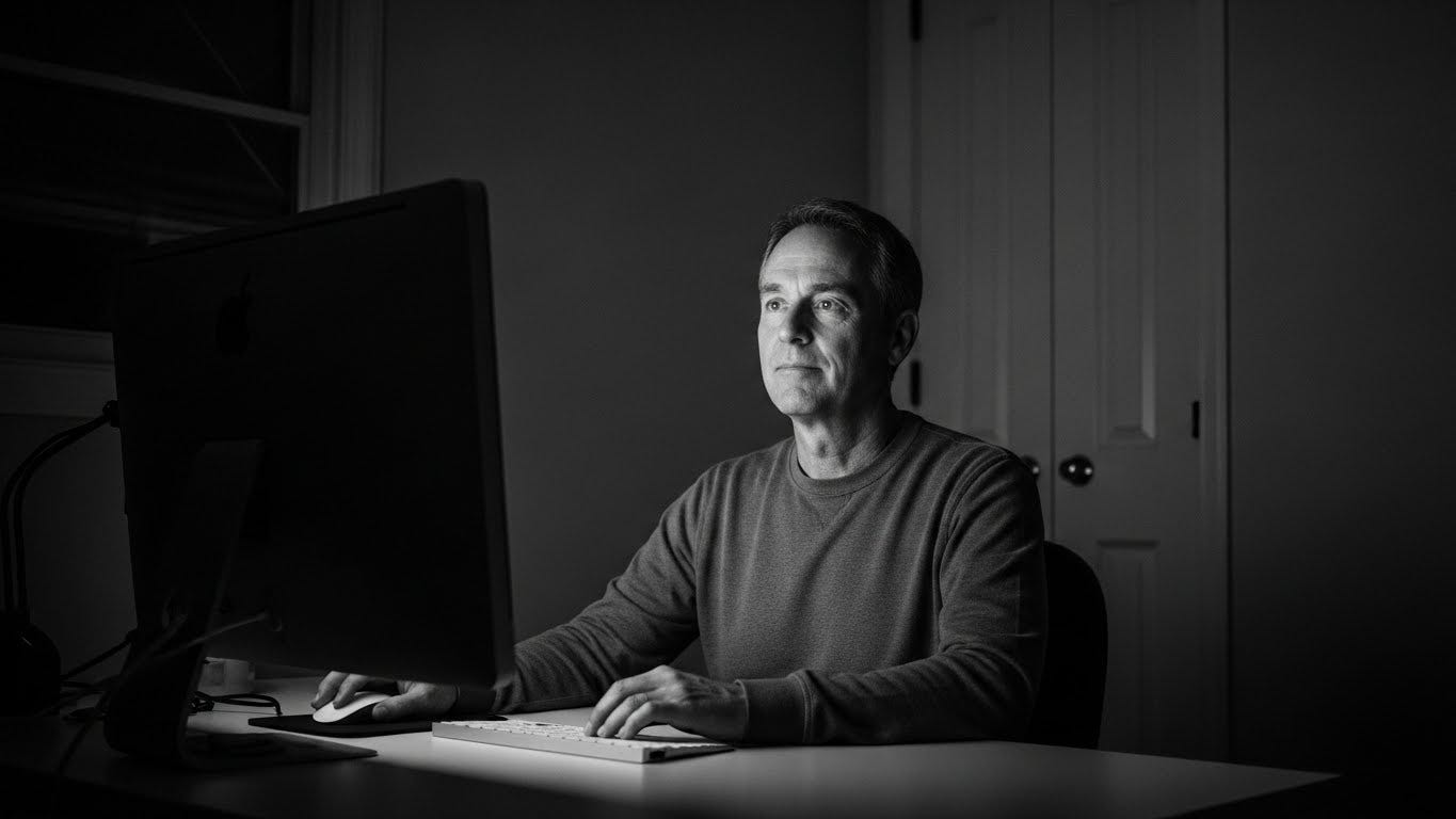Black and white photo of a man in his 50s sitting alone at a desk at night, lit by a computer screen, calm and reflective, realizing he has stopped growing in his current work.