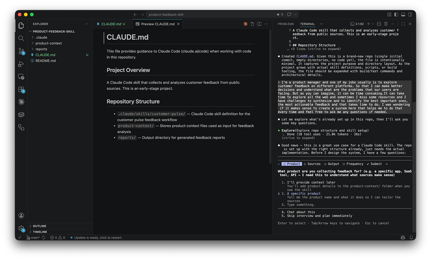 Claude Code conversation showing interactive questions about which product to analyze, with multiple choice options. Claude Code conversation showing interactive questions about which product to analyze, with multiple choice options.