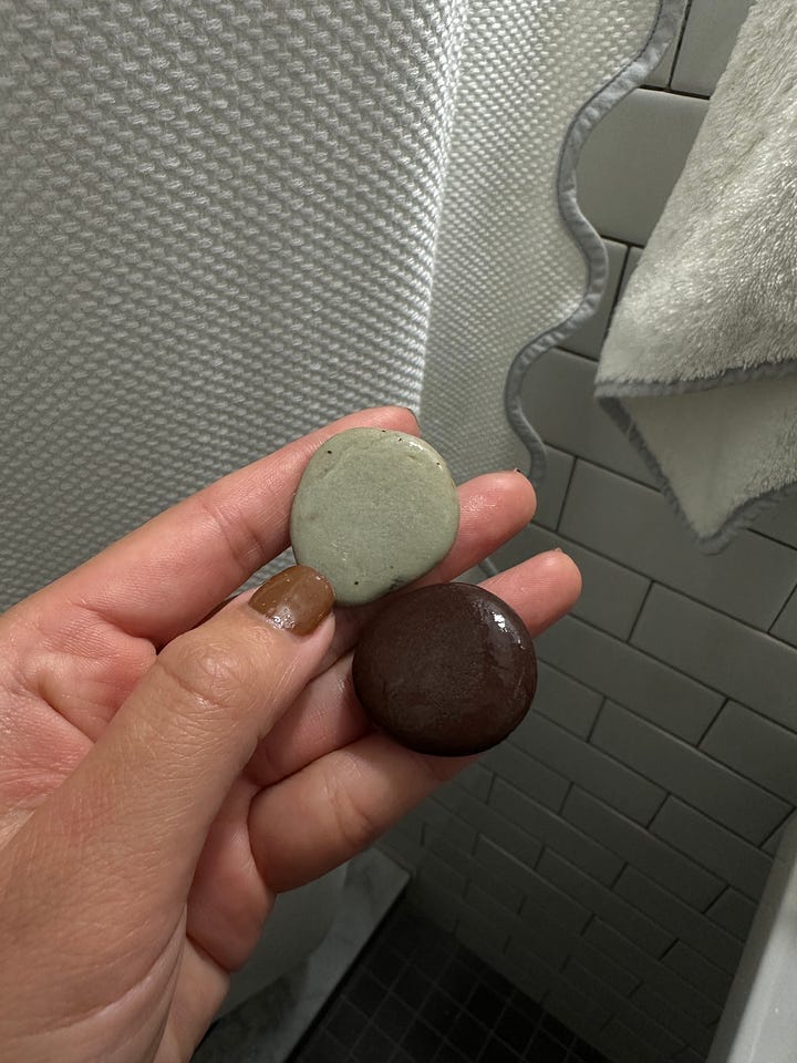 left: Pho Le in Dorchester; right: mint and chocolate colored rocks found at the beach in Cape Cod
