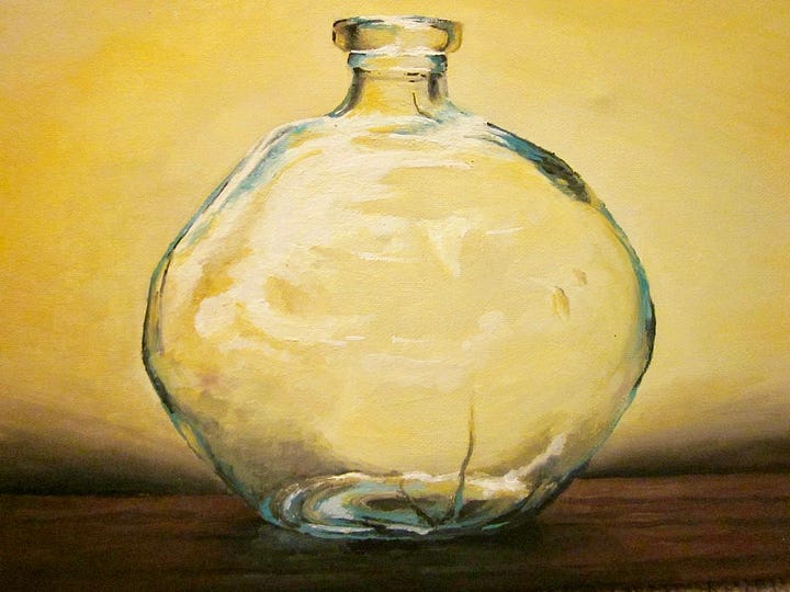 Acrylic painting of a bottle and hobbit door earrings crafted from salvaged materials