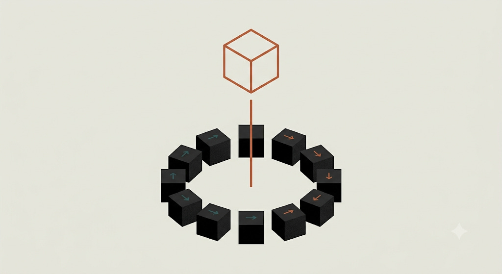 Minimalist editorial illustration of accountability in a composed AI system. A ring of small matte-black cubes on a clean, light neutral background, each cube with a small accent-colored arrow pointing at its neighbor, forming a closed circle of deflection. Above the ring sits a single slightly larger cube outlined in a solid accent stroke, connected by one bold vertical line to the ring as a whole, marking the one place responsibility attaches. Minimalist editorial illustration of accountability in a composed AI system. A ring of small matte-black cubes on a clean, light neutral background, each cube with a small accent-colored arrow pointing at its neighbor, forming a closed circle of deflection. Above the ring sits a single slightly larger cube outlined in a solid accent stroke, connected by one bold vertical line to the ring as a whole, marking the one place responsibility attaches.