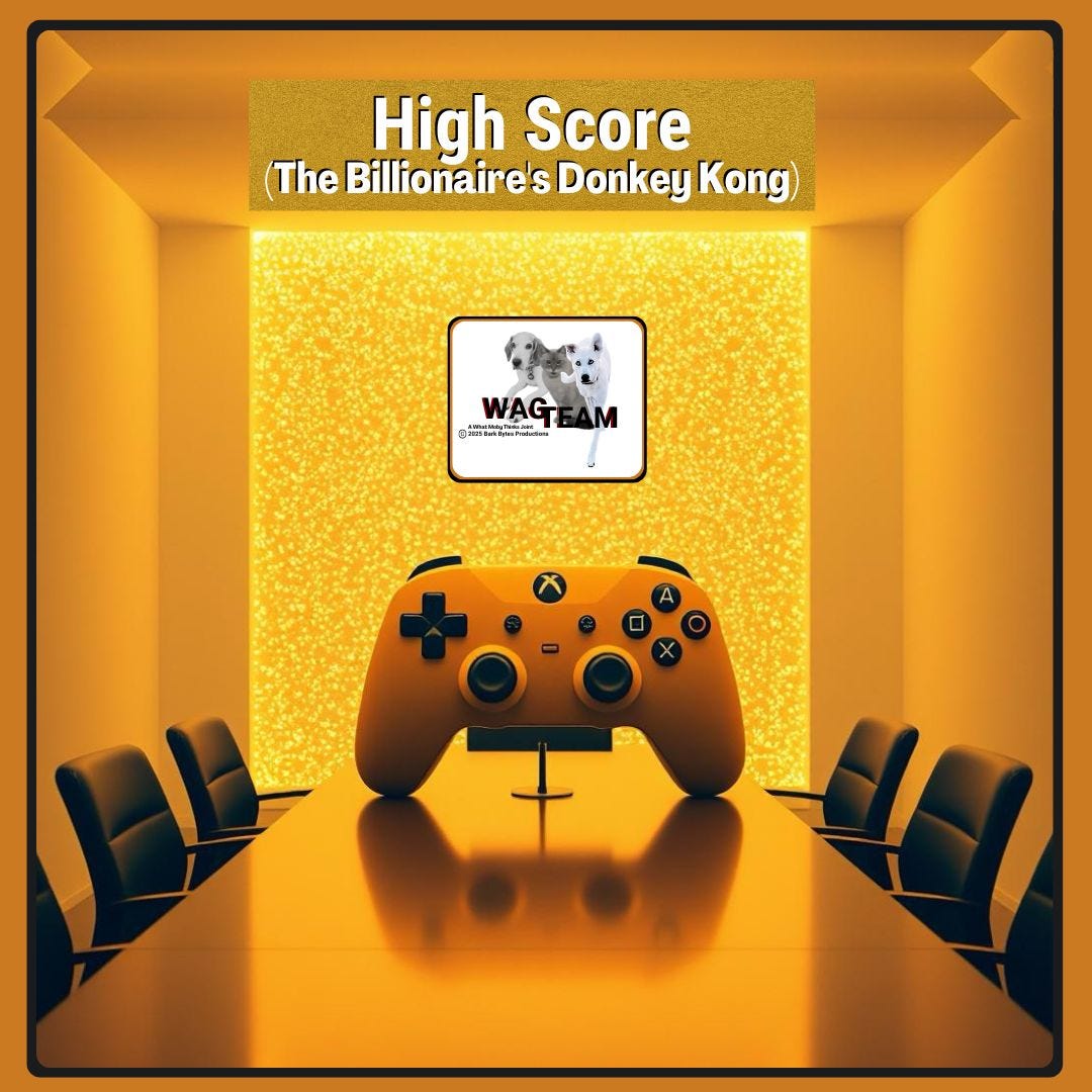 A gold-framed gaming console controller sits at the head of a corporate boardroom table against a backdrop of shimmering golden light, with the Wag Team logo prominently displayed. The image perfectly captures the collision of tech bro gaming culture with corporate excess.