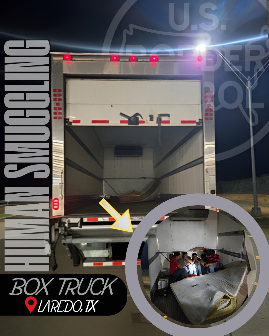 The driver of this truck told Laredo Border Patrol Agents he was hauling “car parts” into the country. Officers found seven illegaln aliens hiding behind the matress inside the cargo compartment instead.