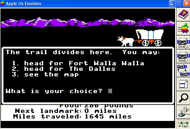 screen shot from oregon trail computer game asking player to choose between 3 options screen shot from oregon trail computer game asking player to choose between 3 options