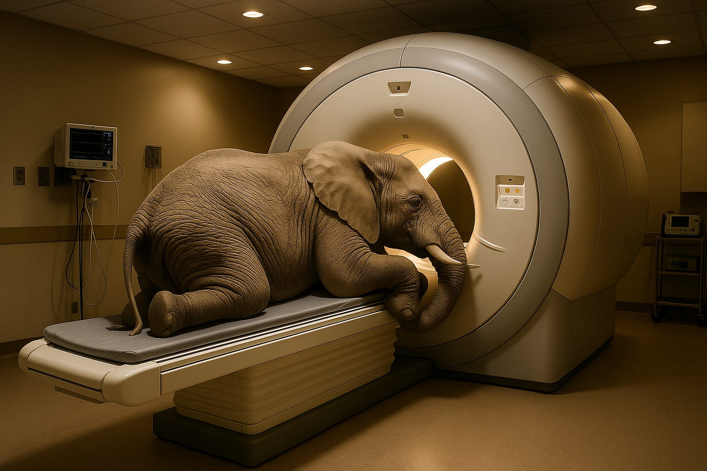 A lighter, high-contrast image of an elephant on an MRI machine