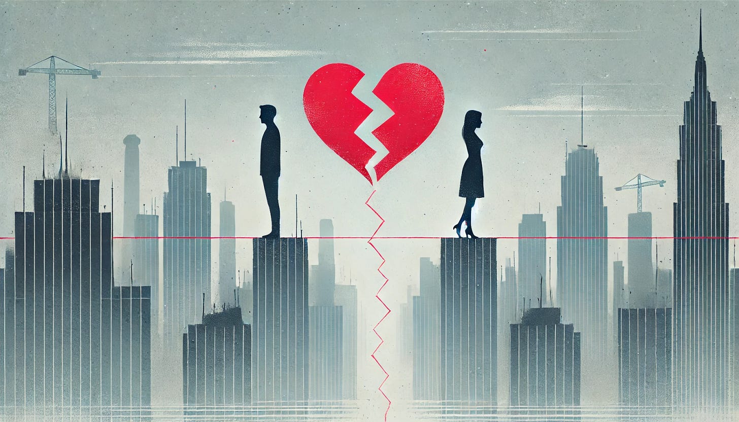 A minimalist and conceptual illustration representing dating rejection due to lack of connection. The image features two silhouettes standing on opposite ends of a broken red heart, each figure facing away from the other. The background is a soft grayscale city skyline with subtle abstract elements like faint, broken lines connecting the two figures. The heart is cracked in the center and floats slightly above the ground, symbolizing emotional disconnection. The color palette includes muted grays and blues with the heart as the bold pop of red. The mood is reflective and wistful, emphasizing the emotional distance in modern dating.