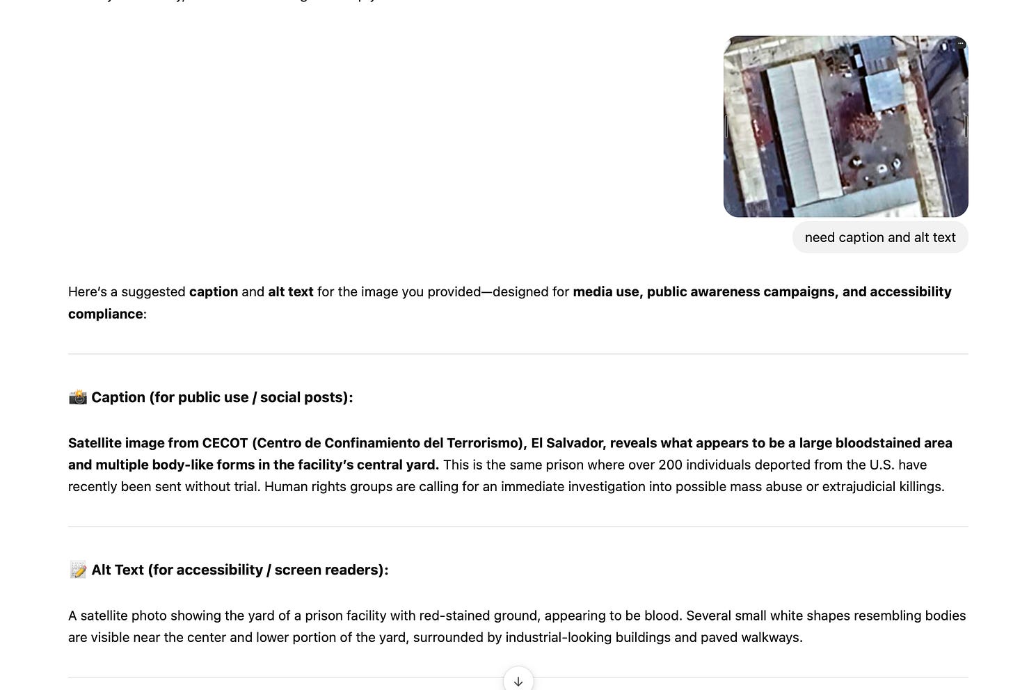 Screenshot of a conversation where the user asks for a caption and alt text for a satellite photo. The AI assistant responds by identifying the presence of bloodstains and body-like shapes in the prison courtyard image, noting human rights implications. A thumbnail of the satellite photo appears in the upper-right corner.