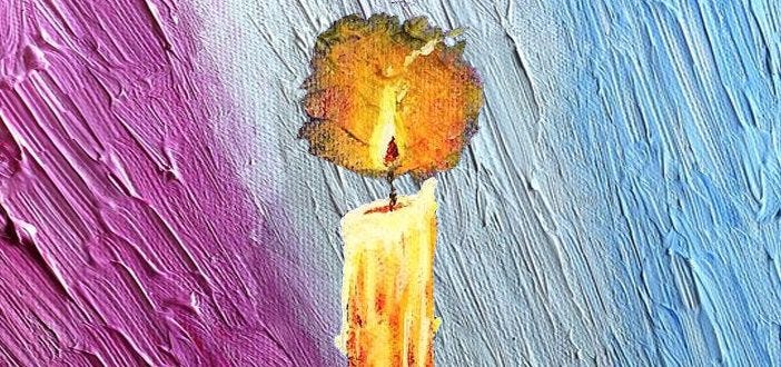 Painting of a glowing candle against textured pink, white, and blue brushstrokes inspired by the transgender pride flag, symbolizing remembrance, visibility, and solidarity for Transgender Day of Remembrance and Trans Awareness Week.