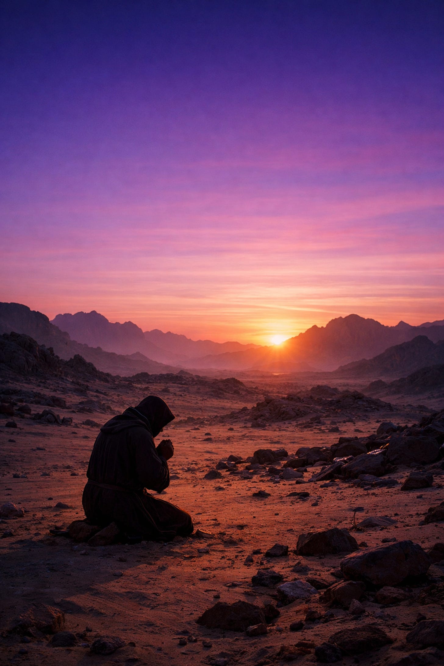 Jesus fasting in desert wilderness at dawn representing Lenten spiritual discipline and prayer Jesus fasting in desert wilderness at dawn representing Lenten spiritual discipline and prayer