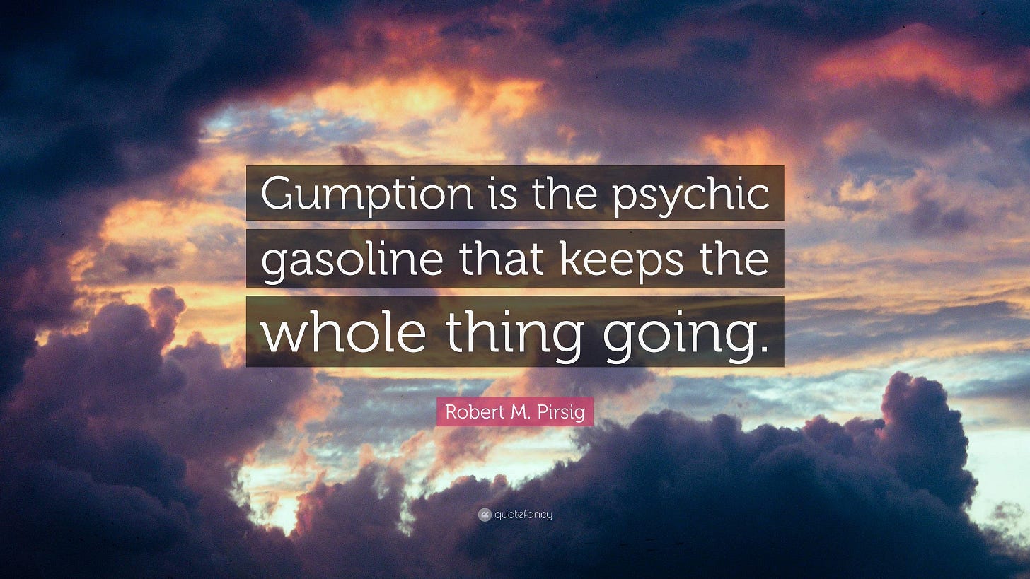 Robert M. Pirsig Quote: “Gumption is the psychic gasoline that keeps the  whole thing going.”