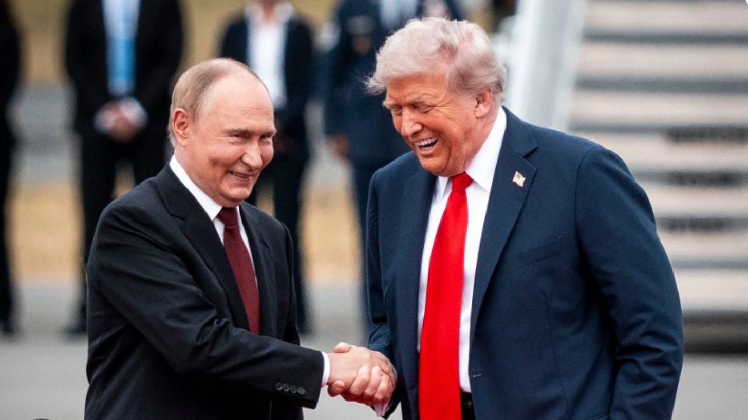 Putin and Trump shaking hands and laughing