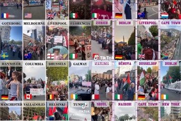 First image shows a newsletter titled Letters from an American with text discussing Republican leaders portraying No Kings protesters as Hate America rallies, G. Elliott Morris partnering with Atlas to estimate 8.2 million people turned out to oppose the Trump administration, describing the mood as joyful and peaceful with signs championing American equality and rule of law, dated October 19 2025. Second image is a collage of aerial photos of massive crowds at No Kings 2.0 protests in US cities including New York, Boston, Chicago, Philadelphia, San Diego, Atlanta, Boise, Washington DC, Oakland, Charlotte NC, Minnesota. Third image is a collage of protest crowds in international cities like Gothenburg, Melbourne, Liverpool, Florence, Zurich, Berlin, Liverpool, Cape Town, Hannover, Colombia, Brussels, Galway, Denova, Dusseldorf, Dublin, Manchester, Valladolid, Helsinki, Tunis, Seoul, Nairobi, Cape Town, New York, holding flags and signs. Fourth image is a two-panel meme contrasting a sparsely attended military parade on green field with tents and trees under text When you spend 61M on your own birthday military parade, and a massive crowd at a protest under text When a day is dedicated solely to tell you what a dick you are.