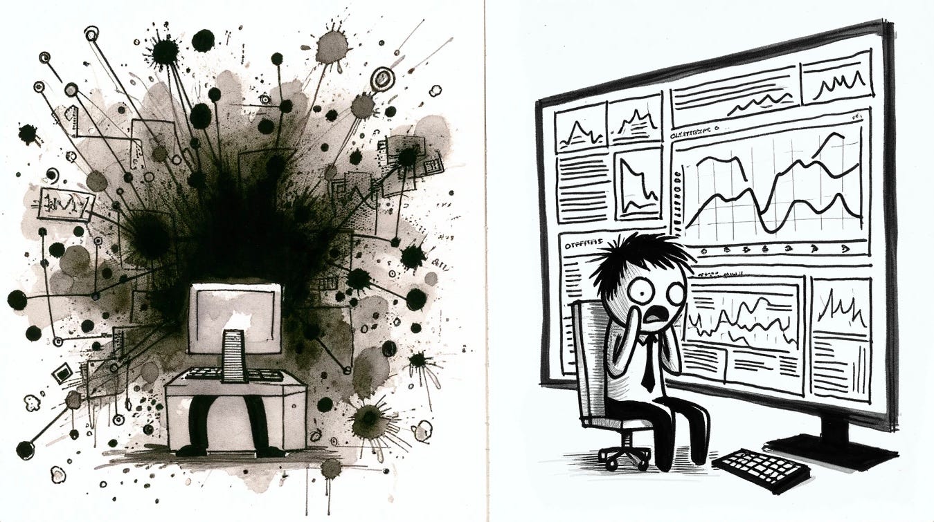 side by side image of someone behind a computer exploding with data and someone facing organized data but still looking scared