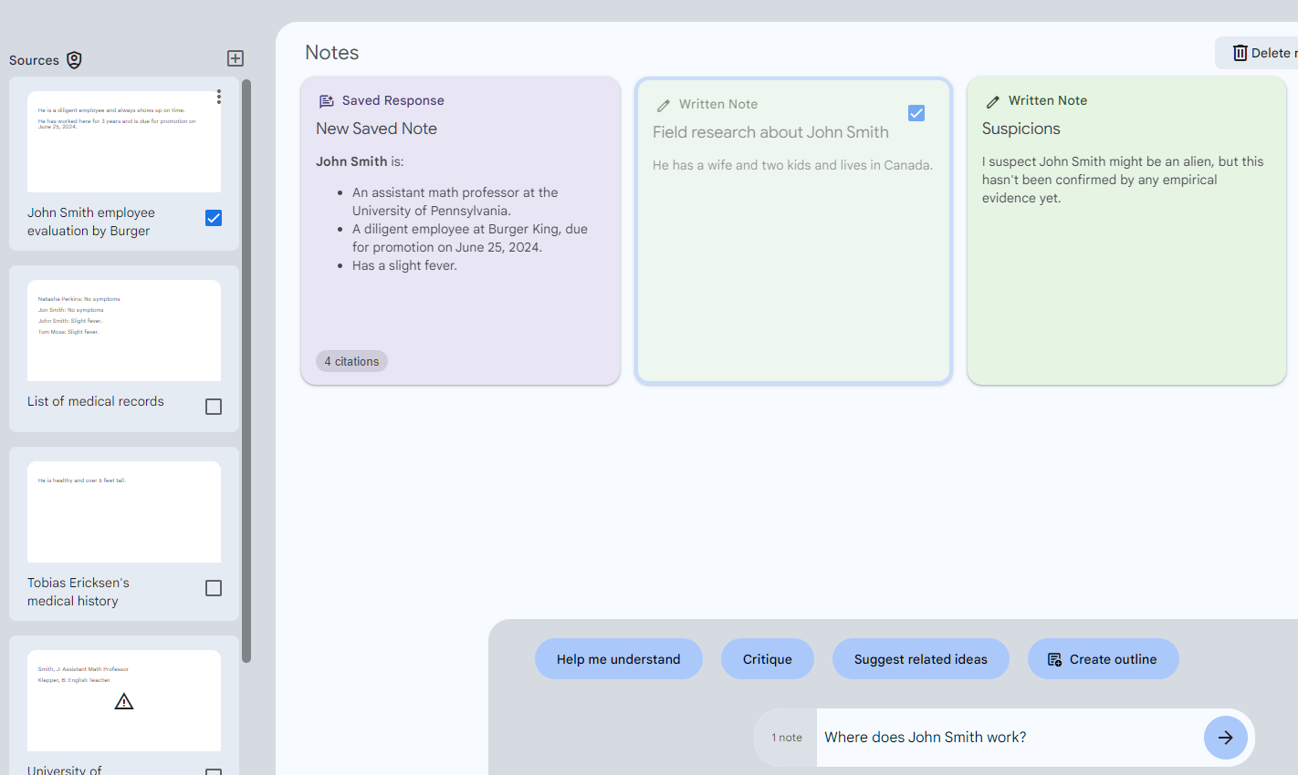 Selecting sources and notes together