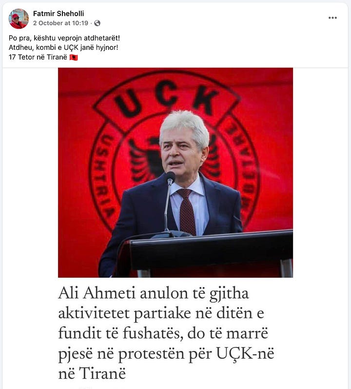 Më 9 shtator 2025: Sheholli shpërndan posterin “Protesta vazhdon në Hagë – 14 shtator, ora 14:00” me shënimin “Deri në lirimin definitiv”; 14 shtator 2025: selfie me kapele kamuflazhi me stemën e UÇK-së dhe tekstin “SOT HAGA FRYMON UÇK… Liri për çlirimtarët! Zoti e bekoftë UÇK-në!”; Më 29 shtator 2025: thirrje për “Protestë Gjithëkombëtare në Tiranë” më 17 tetor, ora 17:00; 2 tetor 2025: postim me portretin e Ali Ahmetit para logos së UÇK-së, me mesazhin “Atdheu, kombi e UÇK janë hyjnor! 17 Tetor në Tiranë.”