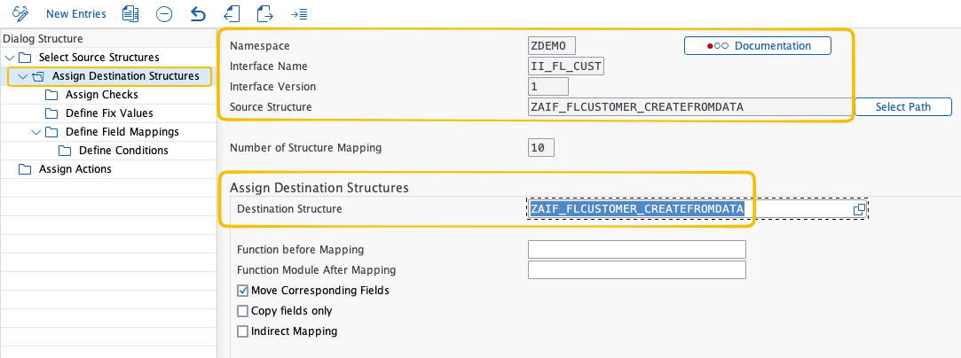 SAP AIF Customizing screen displaying the destination structure assigned to the II_FL_CUST interface. SAP AIF Customizing screen displaying the destination structure assigned to the II_FL_CUST interface.