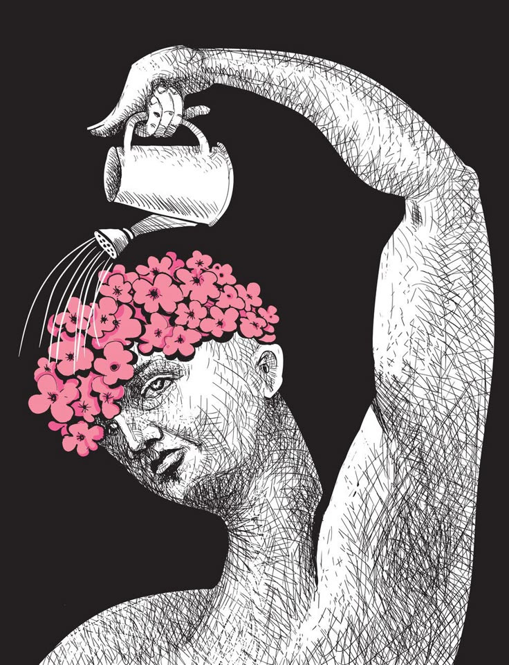 This may contain: a drawing of a man with pink flowers on his head holding a spray bottle over his head