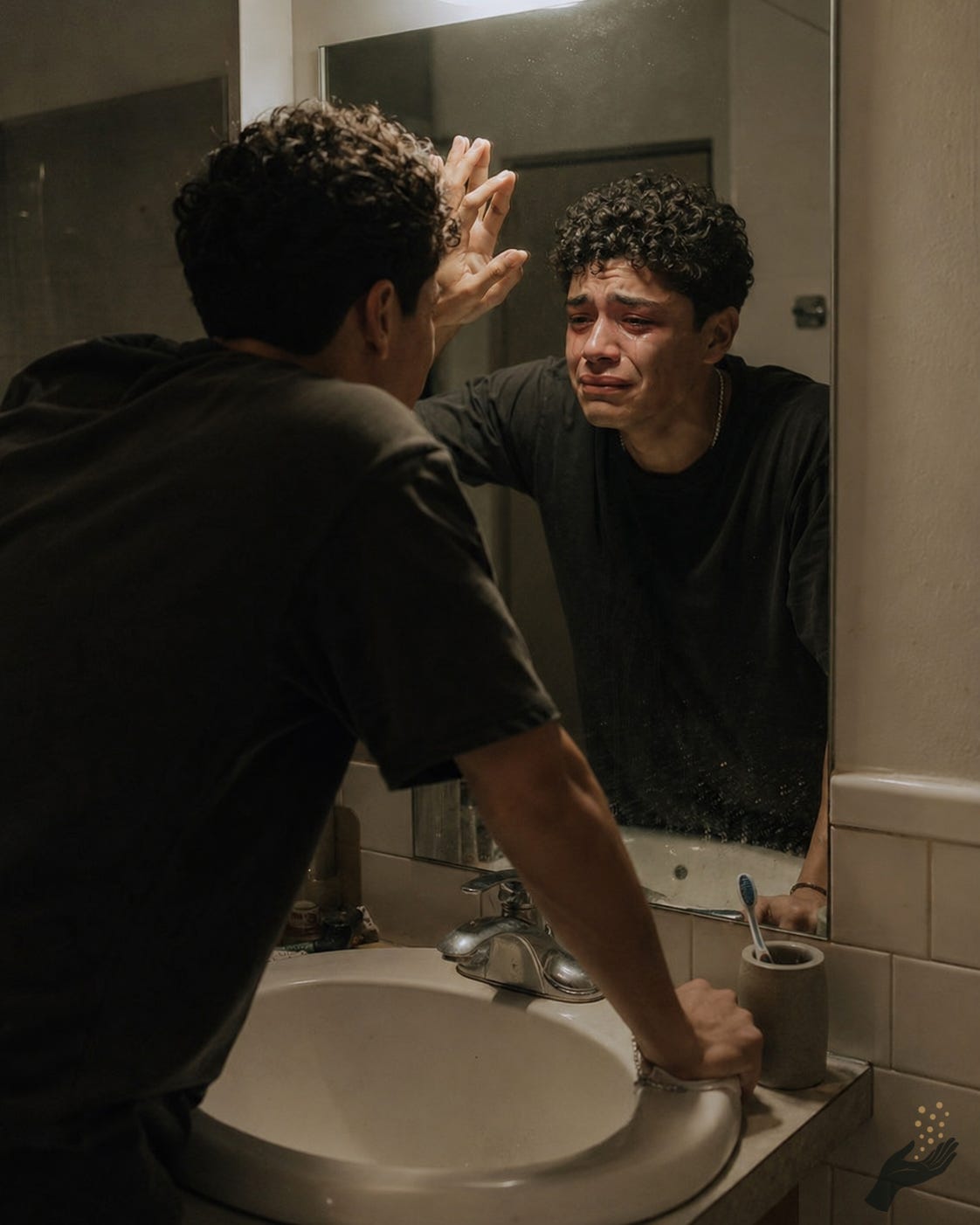A young man cries at a bathroom sink late at night, leaning toward a mirror while his reflection shows his tearful face under harsh overhead light. The small bathroom includes a sink, tiled wall, toothbrush, and everyday clutter.