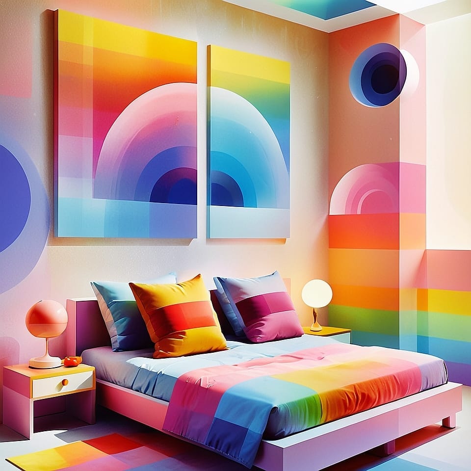 A rainbow graphic bedroom modern and sleek