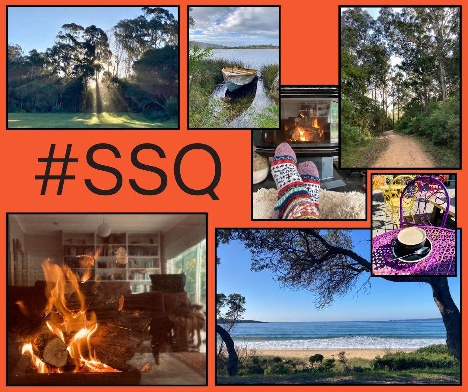 #SSQ photo collage showing lake, ocean, forest, cafe, fireplace, beach and boat.  #SSQ photo collage showing lake, ocean, forest, cafe, fireplace, beach and boat.