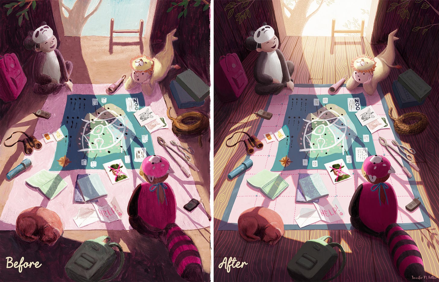 Illustration by Jennifer M Potter of kids planning a heist. On the left is the first version done in late 2017, and on the right is the second version, done in early 2018