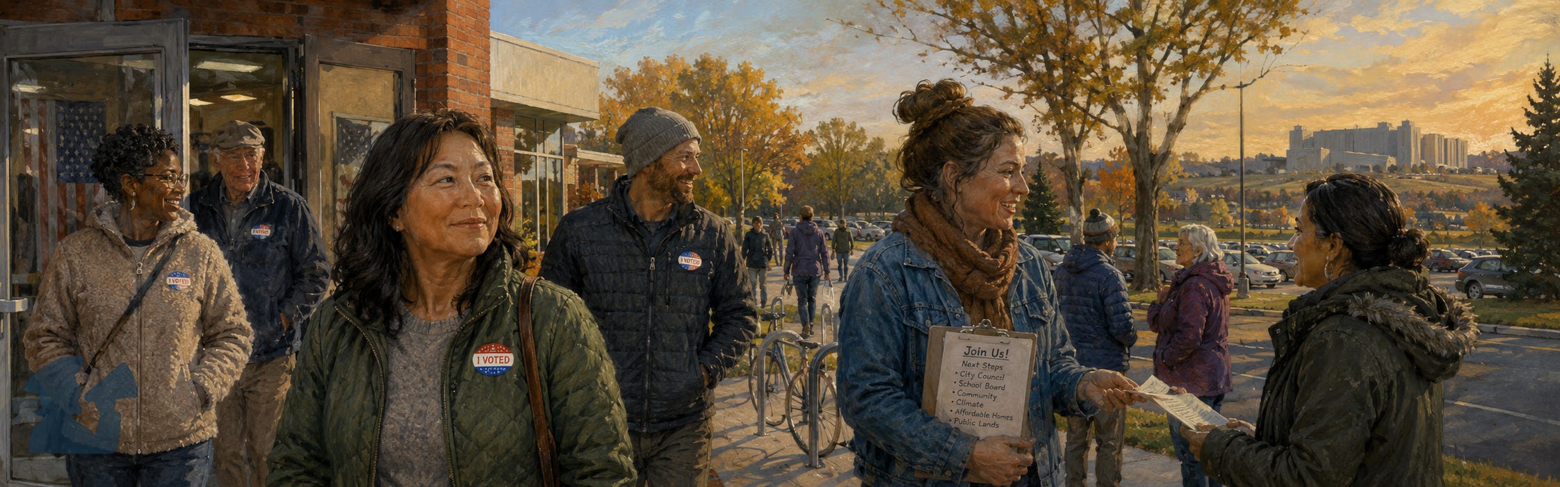 A painterly golden-hour scene outside a local polling place, where neighbors wearing I Voted stickers gather and talk while one volunteer shares a flyer, with a large proposed data center visible in the distant background. A painterly golden-hour scene outside a local polling place, where neighbors wearing I Voted stickers gather and talk while one volunteer shares a flyer, with a large proposed data center visible in the distant background.