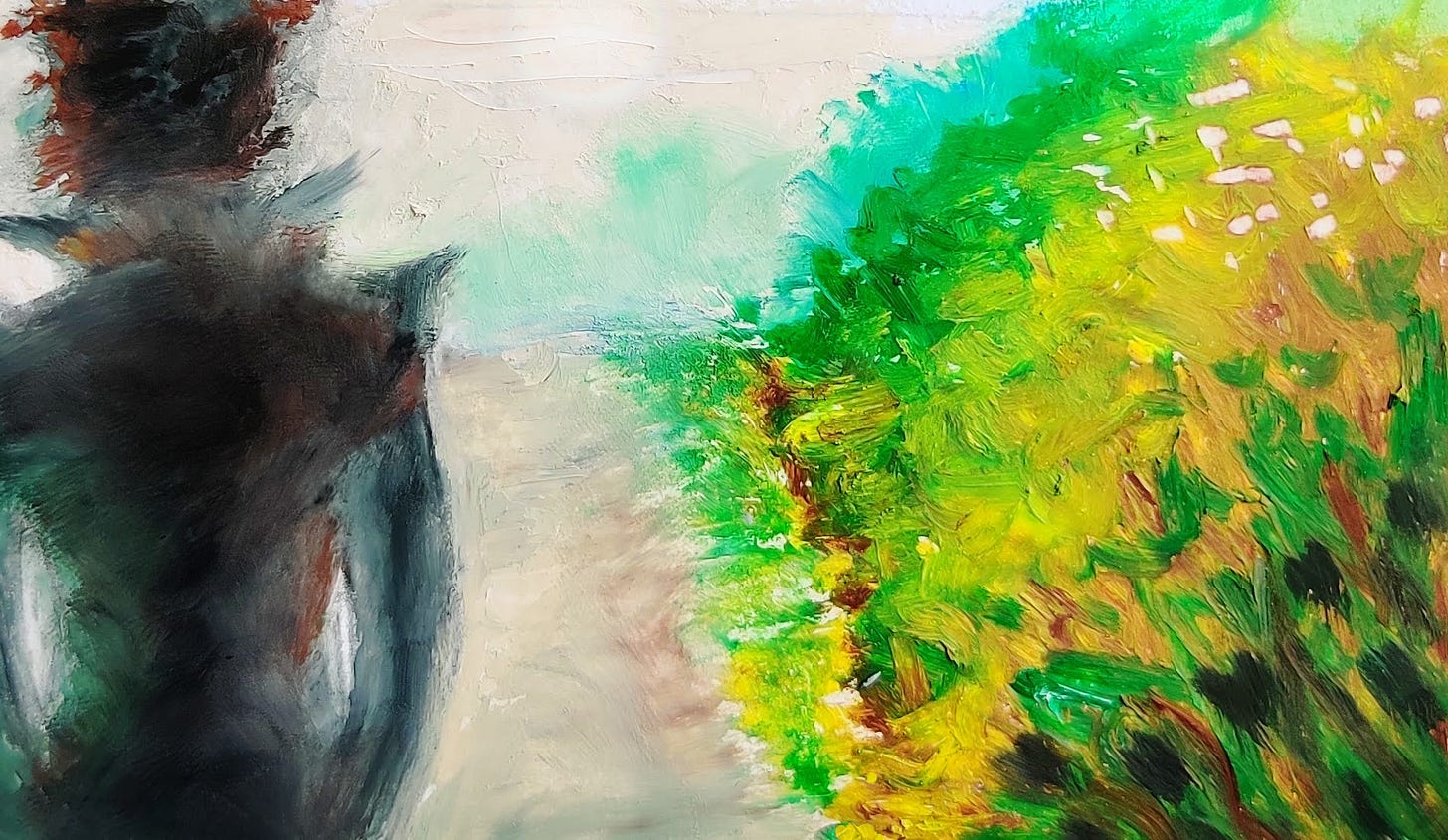 oil pastel of a heathy path, with a silloette of prince walking down it.