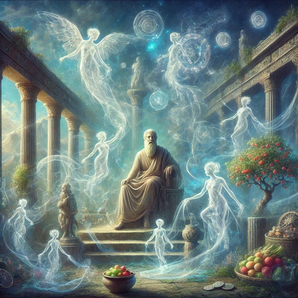 A deeply philosophical and mystical digital painting for a blog titled 'The Vital Spirit Which Has No Eyes'. The artwork should depict an ancient scene with ethereal, translucent forms representing the 'Vital Spirits', giving life to inanimate objects scattered around an ancient Greek setting. In the center, a figure resembling a sage, possibly a blend of Aristotle and a Stoic philosopher, should be orchestrating these spirits with an air of solemnity and wisdom. The background should have elements of nature, ancient architecture, and symbolic representations of love, nature, and money (like vines, Greek columns, and ancient coins). The scene should evoke a sense of mystical command over life's unseen forces, capturing the essence of philosophical and psychological exploration.