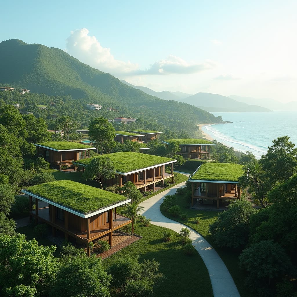 Imagine a futuristic retirement community nestled in the rolling hills of Jamaica, where tranquility meets modern innovation. This eco-friendly haven features sustainable, solar-powered villas designed with spacious open-floor plans, large glass windows, and green roofs that seamlessly blend with the lush natural surroundings. Each residence offers panoramic views of the Caribbean Sea, framed by tropical gardens, while the community is equipped with state-of-the-art healthcare facilities, wellness centers, and communal spaces for dining and social activities. Walking paths wind through botanical gardens, leading to beachside relaxation areas. Smart home technologies, energy-efficient designs, and water harvesting systems ensure that retirees enjoy both luxury and sustainability in this serene island paradise.