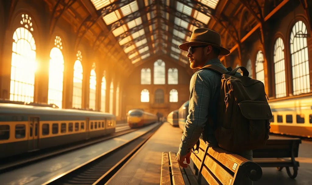 Atmospheric vintage train station with solo traveler in fedora and backpack representing the journey of building confidence through solo travel