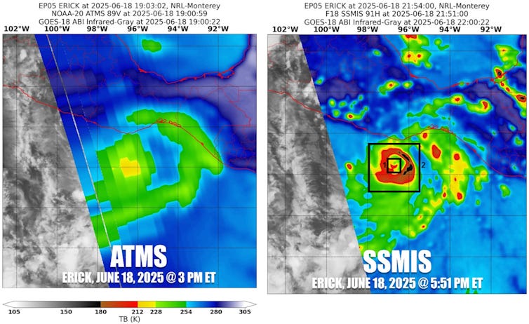 Two satellite views of the same storm from different instruments. The SSMIS provides higher resolution of the storm. Two satellite views of the same storm from different instruments. The SSMIS provides higher resolution of the storm.