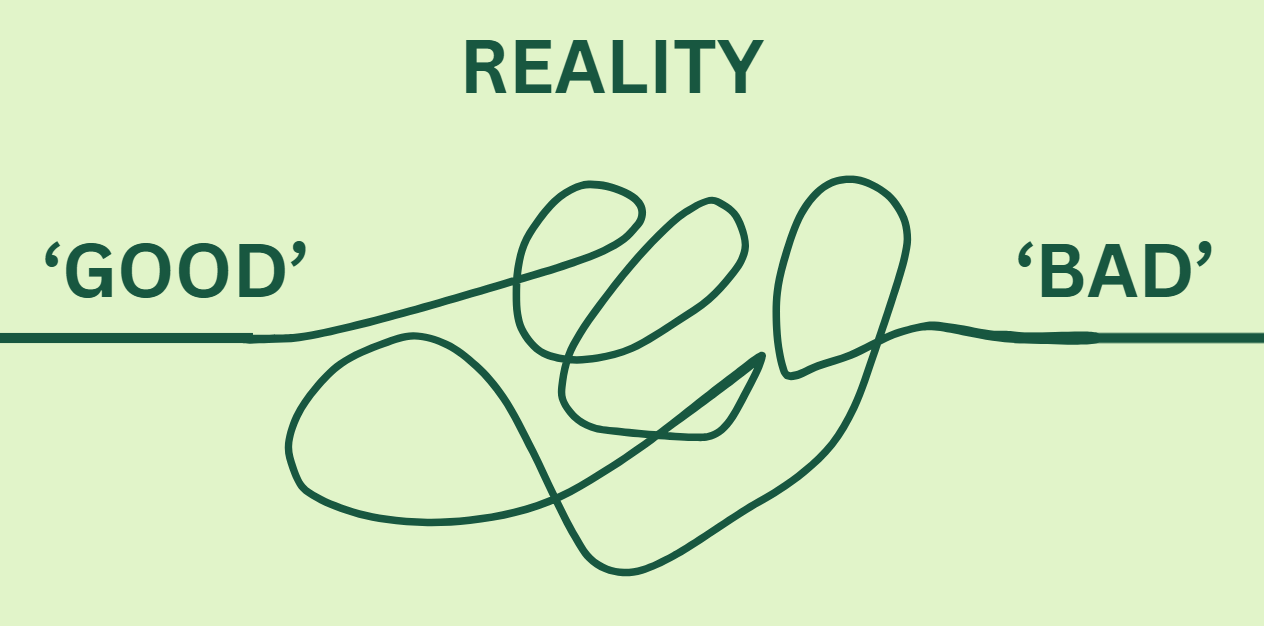 Squiggly line with 'good' on the left, 'bad' on the right and 'reality' in the middle of the chaos. Squiggly line with 'good' on the left, 'bad' on the right and 'reality' in the middle of the chaos.