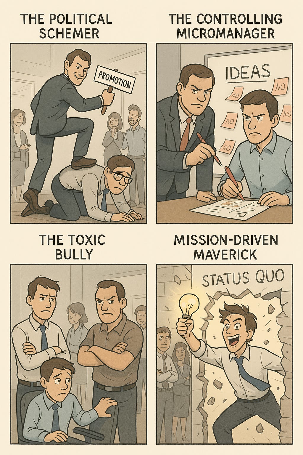 A four-panel comic, each panel depicting a different archetype of toxic office personality, modern office setting, expressive characters, clear visual storytelling, semi-realistic style: Panel 1: The Political SchemerA sly-looking office worker subtly stepping on a colleague’s back to climb a corporate ladder, smirking, holding a “promotion” sign, background shows gossiping coworkers, atmosphere of manipulation and ambition. Panel 2: The Controlling MicromanagerA stern manager looming over a team member’s shoulder, red pen in hand, crossing out ideas on a whiteboard, visibly frustrated when someone else presents a good idea, background filled with rejected suggestion notes, mood of stifled creativity. Panel 3: The Toxic BullyA mean-spirited employee with crossed arms, sneering at a nervous coworker, pushing another’s chair away, background shows others avoiding eye contact, sense of insecurity and intimidation. Panel 4: The Mission-Driven MaverickA passionate, slightly wild-eyed worker breaking through a wall labeled “status quo,” holding a bright lightbulb, ignoring skeptical onlookers, aura of energy and determination, focus on doing what’s right despite resistance.
