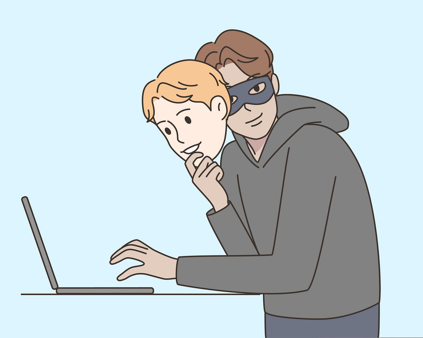 An illustration of a hacker in a mask, hiding behind a mask. It's very much a two mask situation.