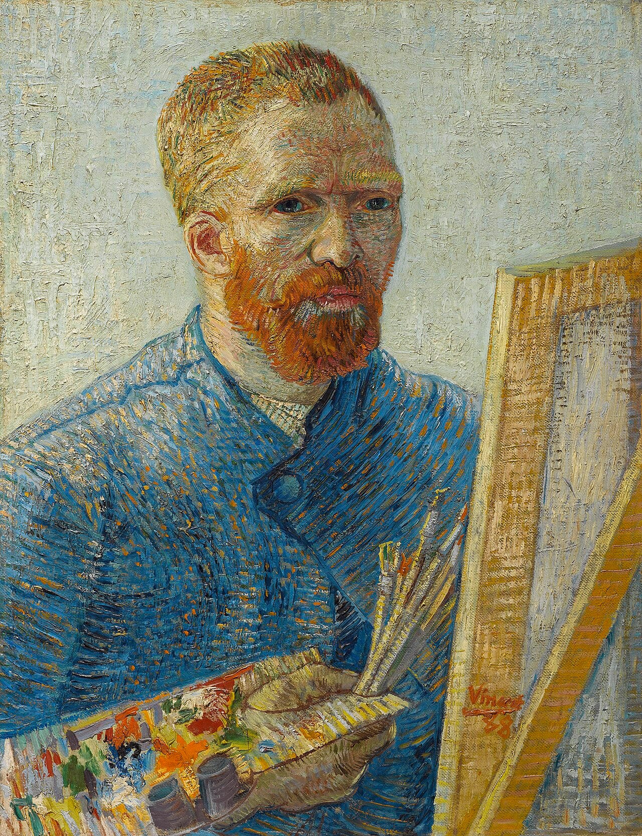 Vincent van Gogh looking out from behind his easel in a Paris self portrait, with a red beard, a palette and brushes in his hands