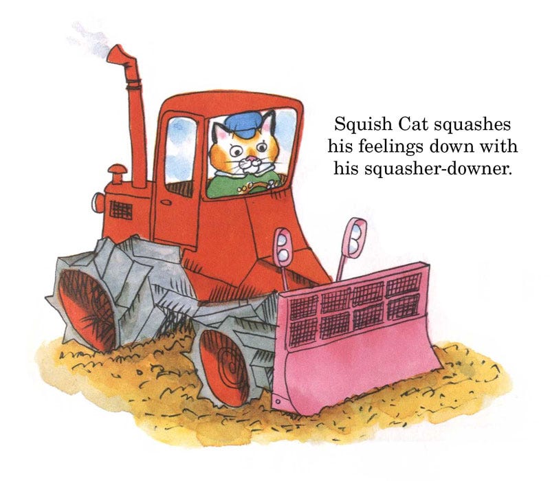 Image of a cat in a garbage compactor with the words "Squish Cat squashes his feelings down with his squasher-downer.