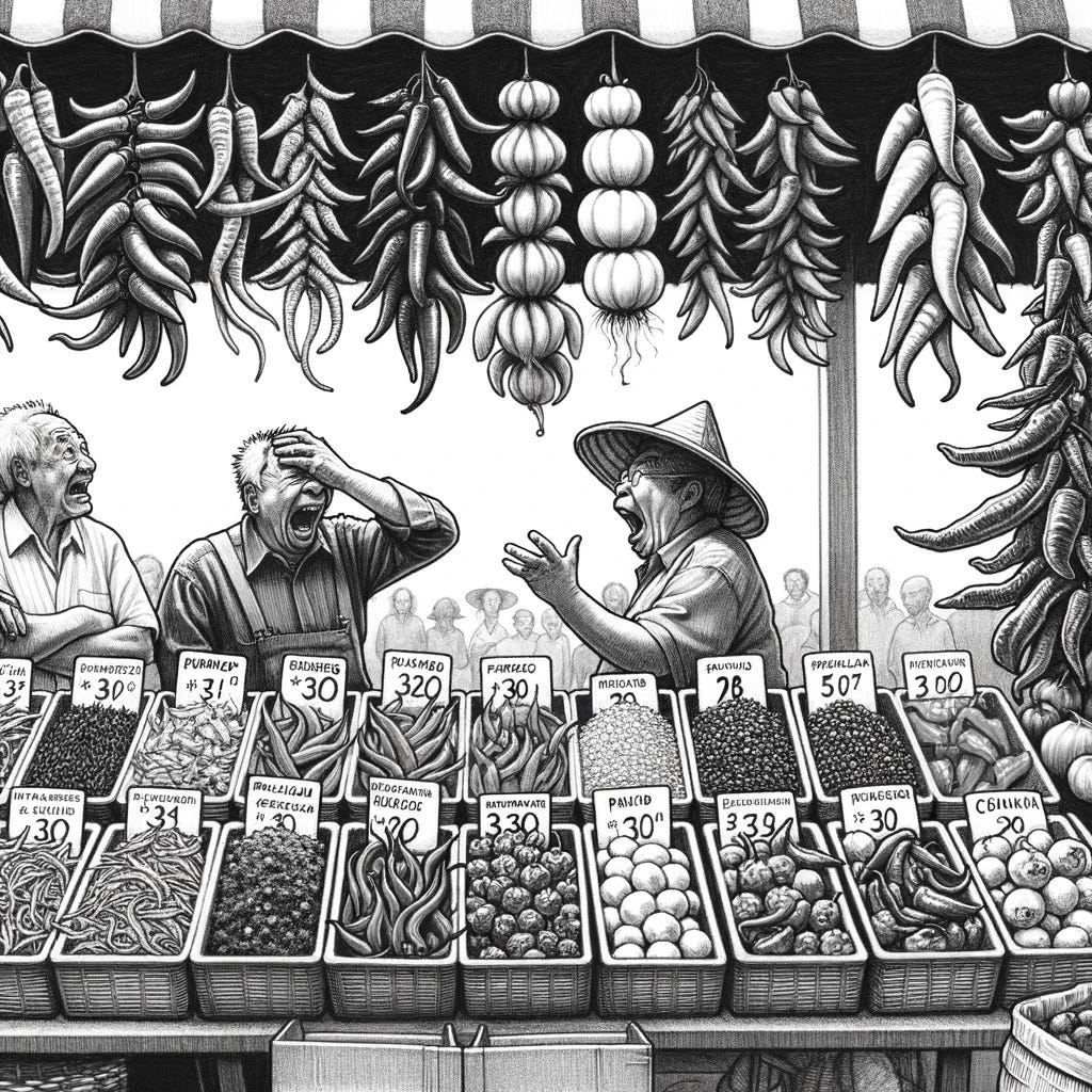 Drawing of a market stall in grayscale, showcasing various exotic and spicy peppers, with customers' exaggerated reactions to the heat.