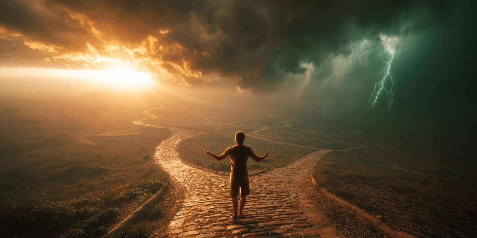A person standing at a crossroads where one path leads uphill through storm clouds and lightning, while the other path leads downhill through calm sunny weather, but the person is walking confidently toward the stormy path with arms open wide, rendered in a minimalist surreal style with muted colors and dramatic lighting A person standing at a crossroads where one path leads uphill through storm clouds and lightning, while the other path leads downhill through calm sunny weather, but the person is walking confidently toward the stormy path with arms open wide, rendered in a minimalist surreal style with muted colors and dramatic lighting