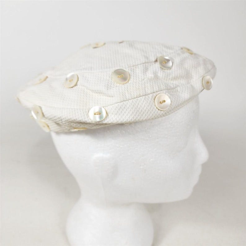 Vintage I. Magnin & Co MOP Shell Button Womens Hat Cap White Cream image 1 Vintage I. Magnin & Co MOP Shell Button Womens Hat Cap White Cream image 1