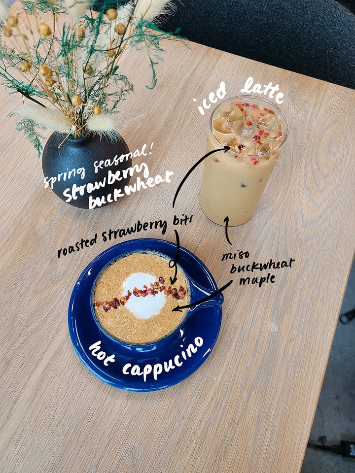 Hex Coffee spring seasonal strawberry buckwheat cappuccino and iced latte