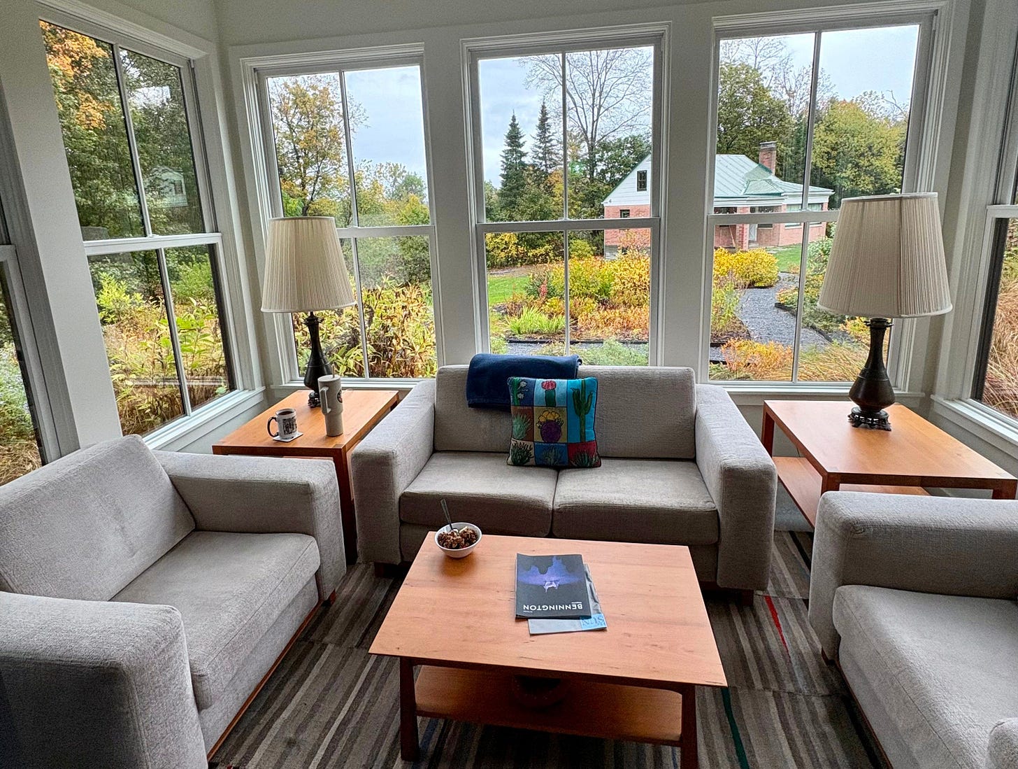 A sitting room overlooking Vermont in October with fall foliage. A sitting room overlooking Vermont in October with fall foliage.